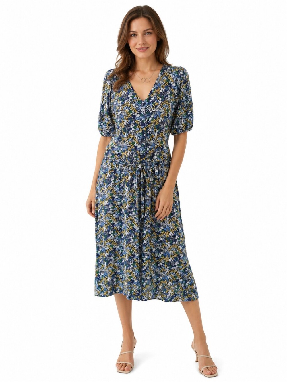 Joules Navy & Yellow Floral Tie-Waist Midi Dress